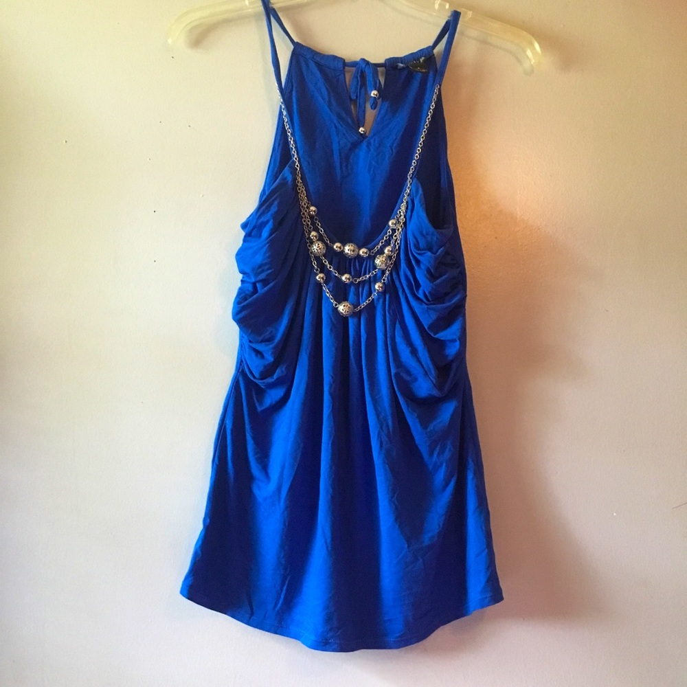 White House Black Market Blue Necklace Adorned Top